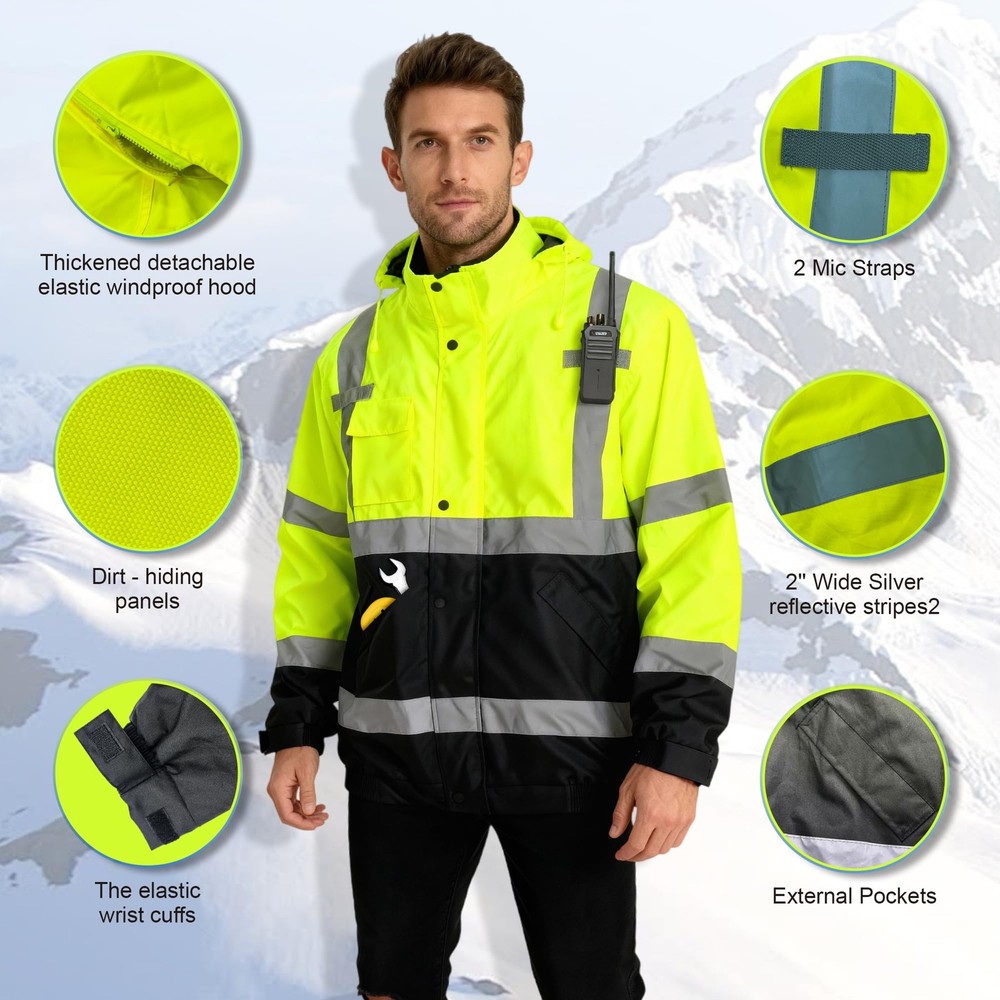 Safety Jacket for Men, Waterproof High Visibility Reflective Construction Bom...