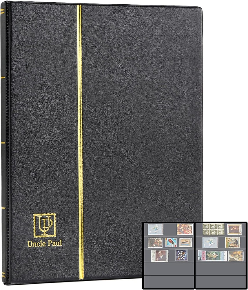 Universal 100 Pockets Stamp Album - Durable Faux Leather with 10 Black Pages
