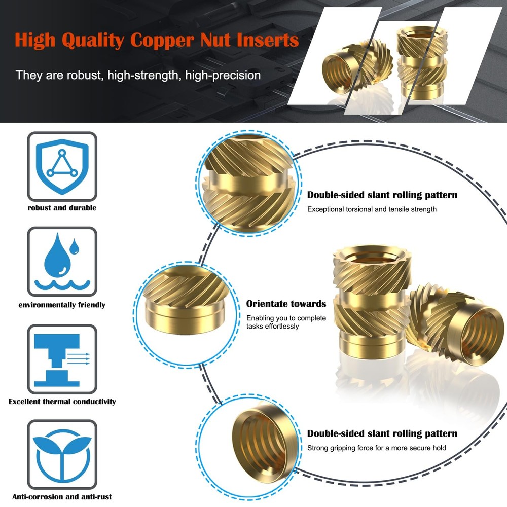 120Pcs M3 Threaded Inserts, Metric knurled Nuts Brass Heat Set Insert gold