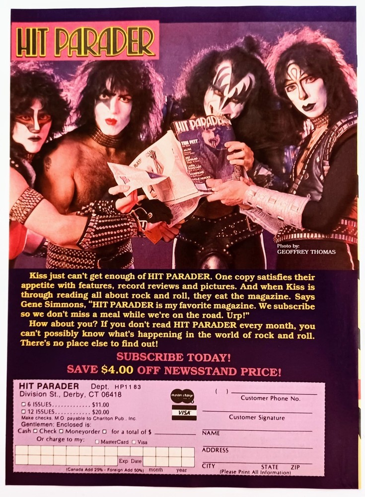 KISS HIT PARADER MAGAZINE SUBSCRIPTION FORM AD-1983 POSTER 8X11 PINUP CLIPPING