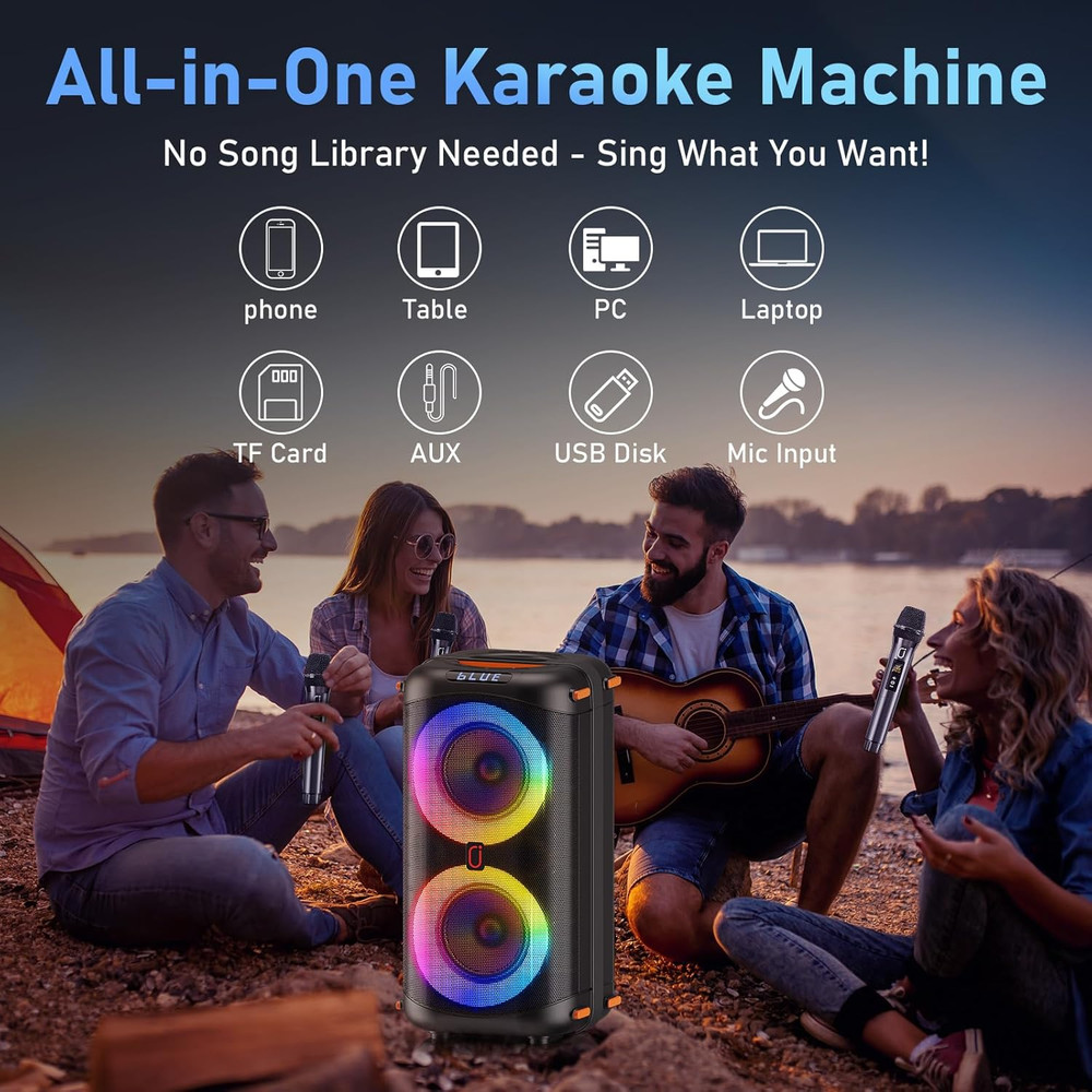 Karaoke Machine with 2 Wireless Microphones, Portable Bluetooth Karaoke Speaker