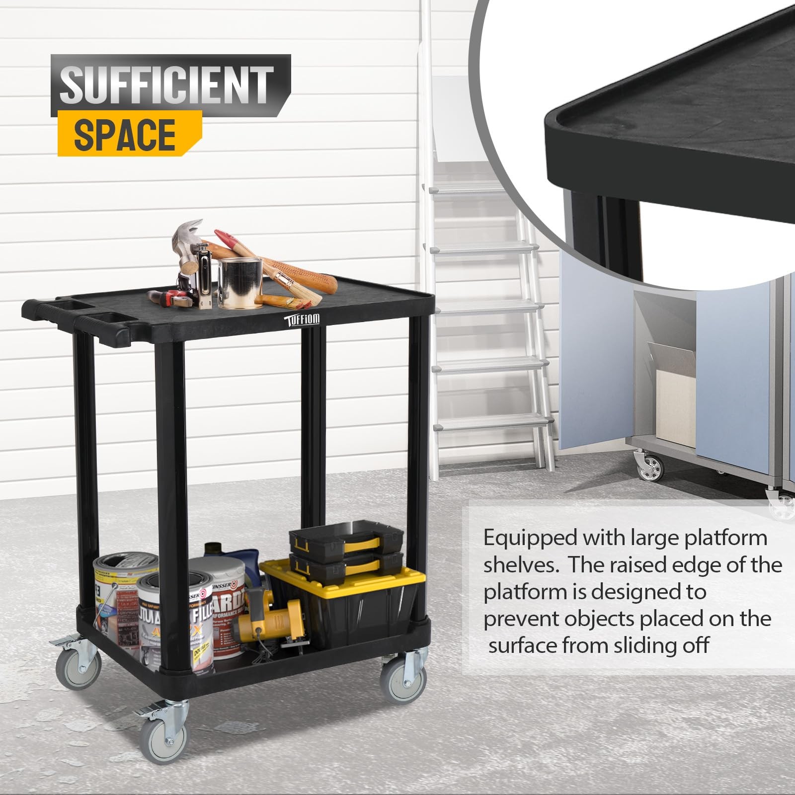 3-Tier Plastic Service Utility Cart, Rolling Flat Cart with Wheels,Black