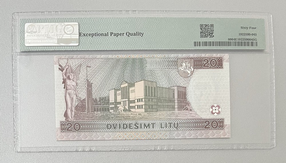 Lithuania 1997 20 Litu banknote PMG64. Pick #60. Series EAF