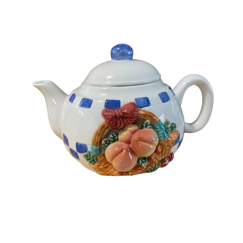 New Mini Teapot Fruit Ceramic 16 oz Blue White