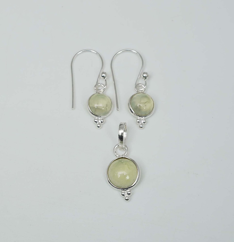 925 Solid Sterling Silver Green Prehnite Hook Earring Pendant Set