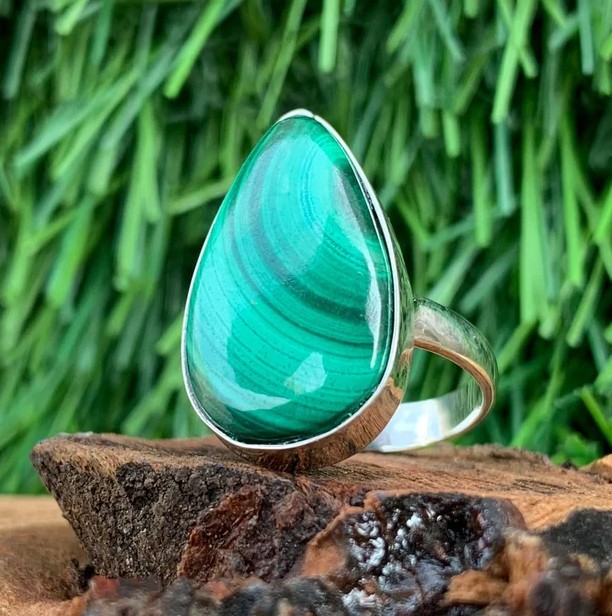 Solid 925Sterling Silver Natural Malachite Pear Gemstone Statement Handmade Ring