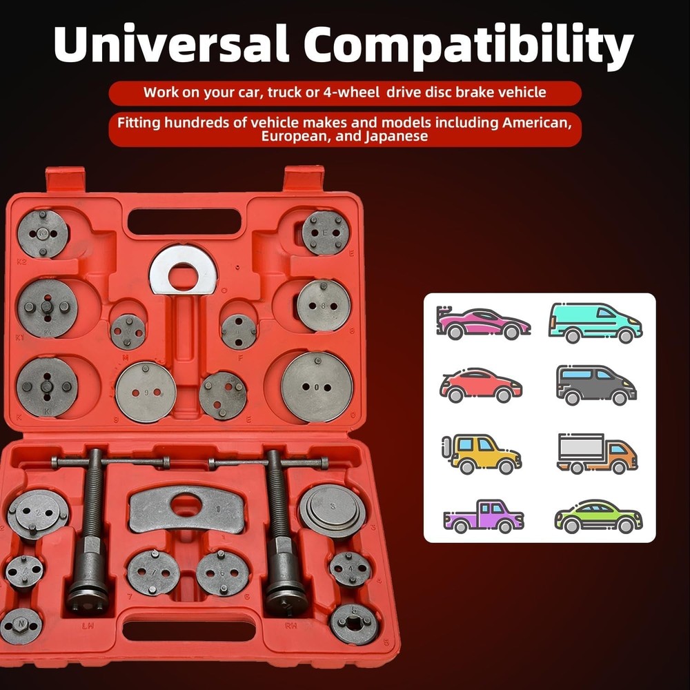 Professional 24Pc Brake Caliper Compressor Set with Safe Storage Case & Adapters
