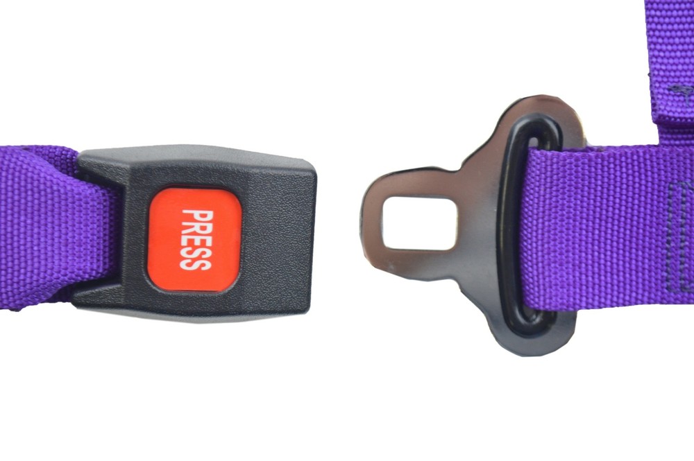 PURPLE 4 POINT SEAT BELT HARNESS PULL DOWN LAP BELTS ROLL BAR MOUNT PUSH BUTTON
