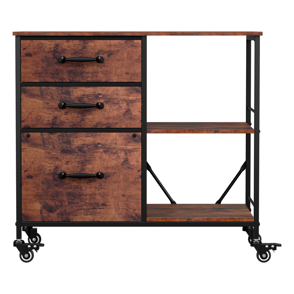 Mobile File Cabinet w/ 3 Drawers & Open Shelf Rolling Printer Stand Rustic Brown