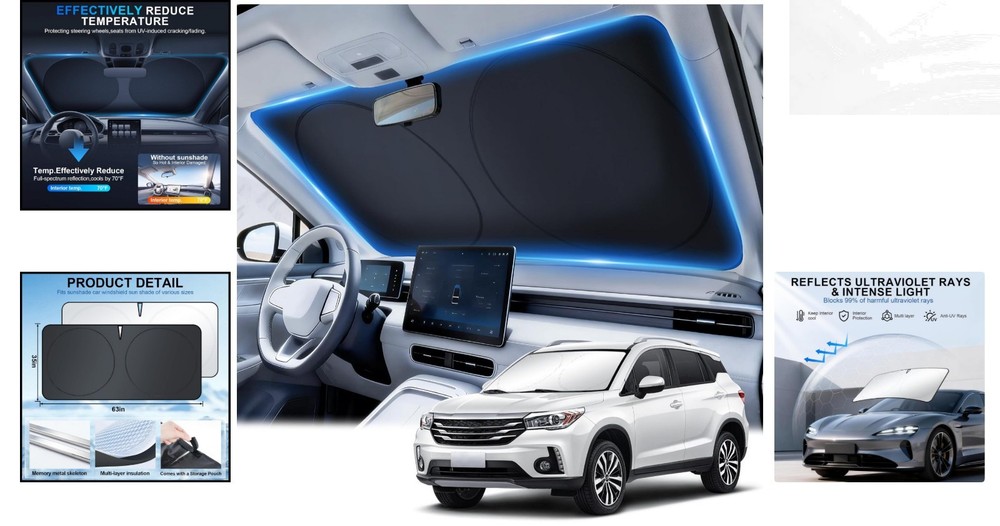 Universal Fit Car Sun Shield - Foldable 63 x 35in Reflective Polyester Design