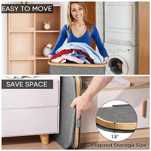 Laundry Hamper with Lid, Tall Laundry Baskets with Bamboo Pull 100 liters Grey