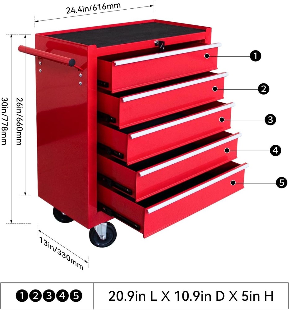 5 Drawer Tool Chest Wheels Rolling Garage Tool Storage Cabinet System Lockable