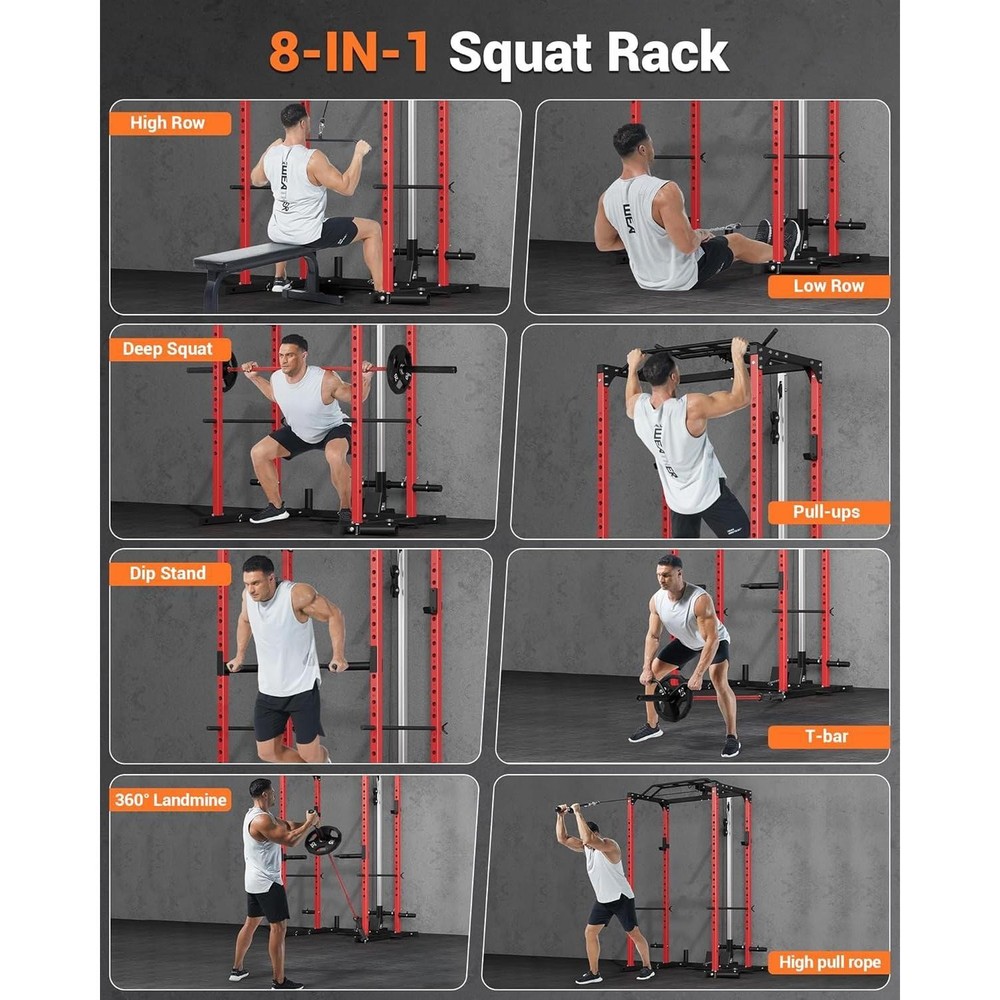 Power Cage w/ LAT Pull Down System, Multi-Functional Squat Rack w/Low Row System