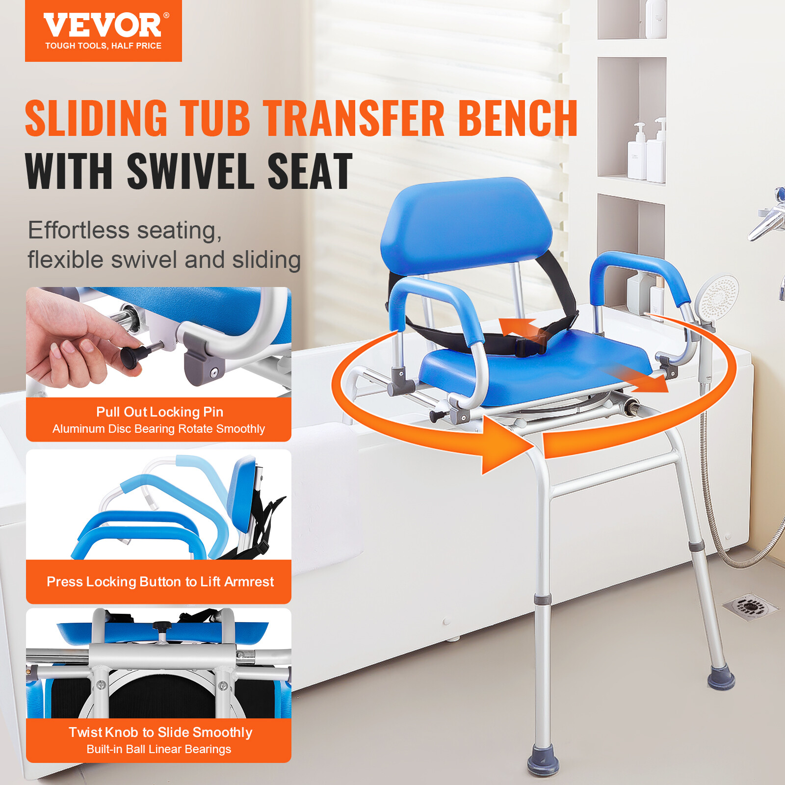 VEVOR Sliding Tub Transfer Bench Shower Chair with 360 Degree Swivel Seat 330LBS