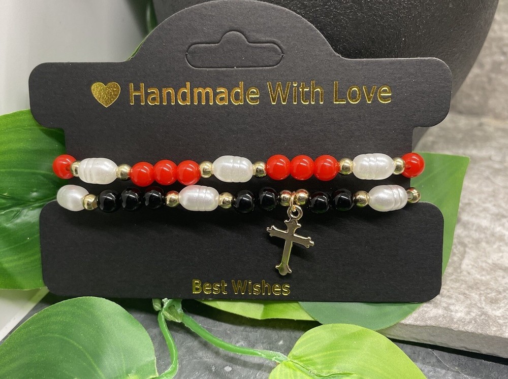 2 PC Boho Beaded Stackable 6” Plus Stretch Charm Bracelet Set Cross B3904