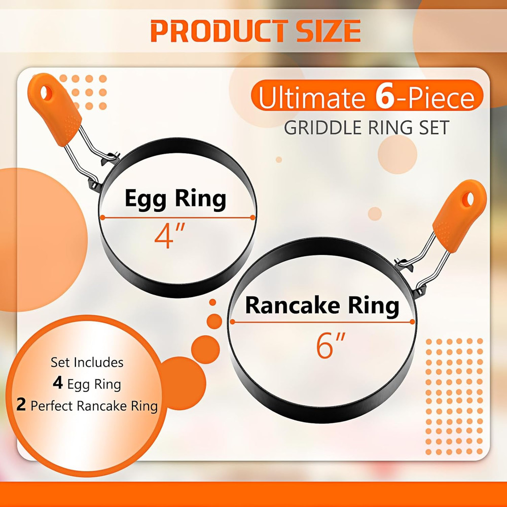 6 Pcs Professional Egg Ring Pancake Ring Set Stainless Steel Fried Egg Molds Gri