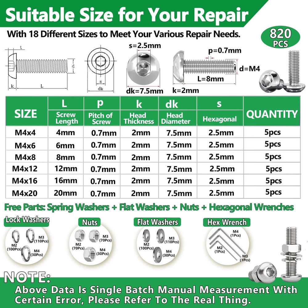 820PCS Screws and Nuts, M2 M3 Hex Button Head, 820 Silver