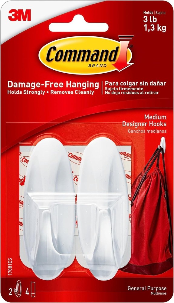Command Medium Designer Hooks, 2 Hooks and 4 Command Strips, Damage-Free Hanging