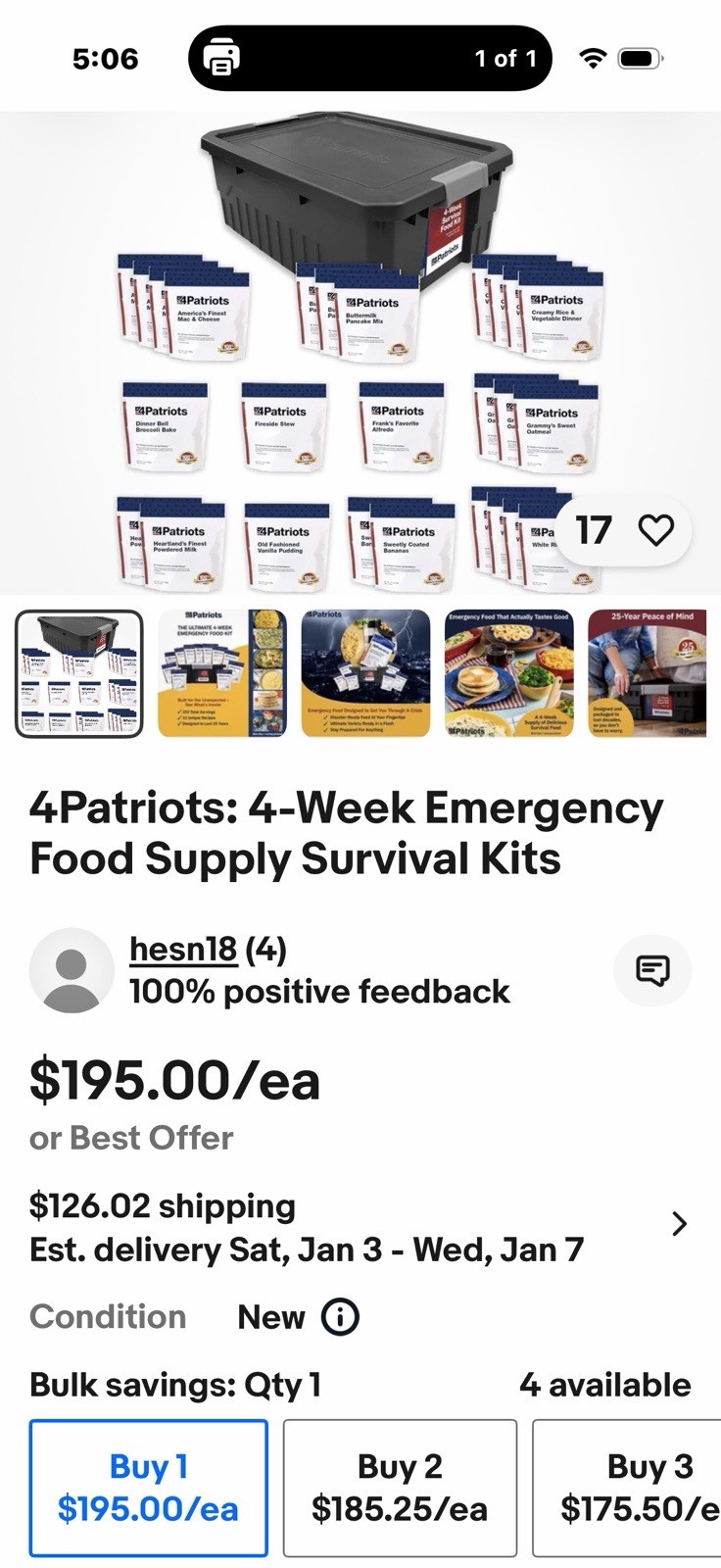 4Patriots: 4-Week Emergency Food Supply Survival Kits Plus Bonus Meal No Tote