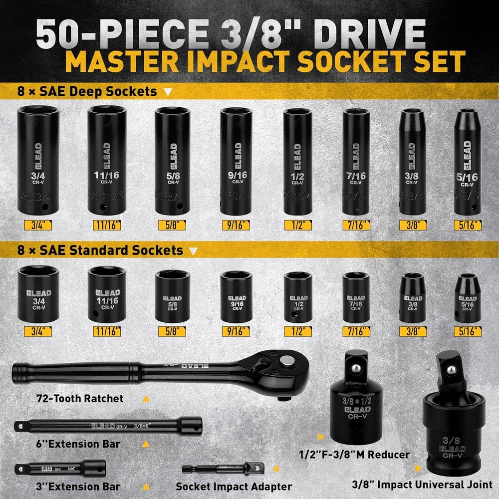 3/8'' Drive Impact Socket Set - 50-Piece Shallow & Deep Socket Set Metric