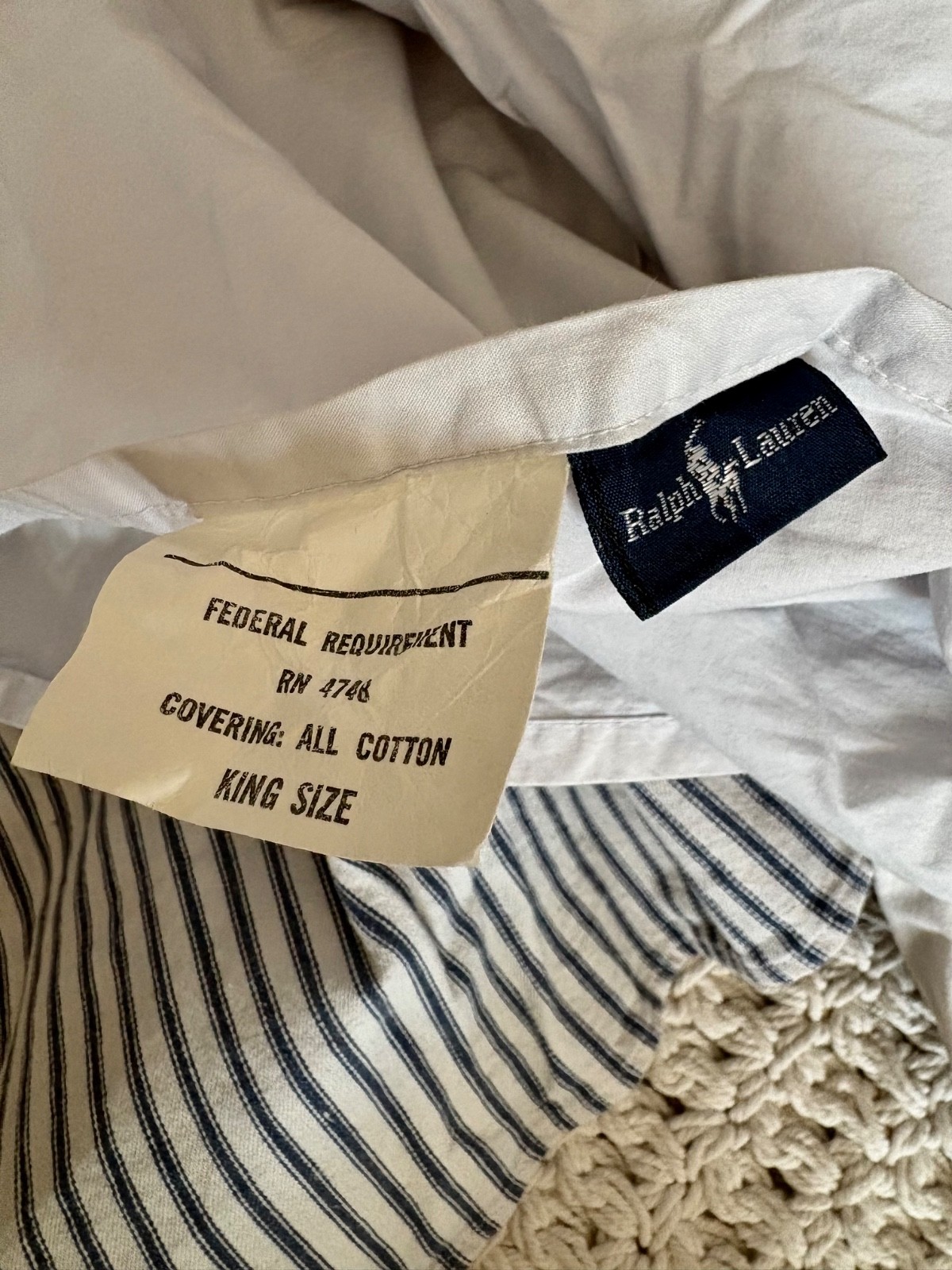 RALPH LAUREN TICKING STRIPE KING BEDSKIRT ~ NAVY BLUE/OFF WHITE ~ EUC