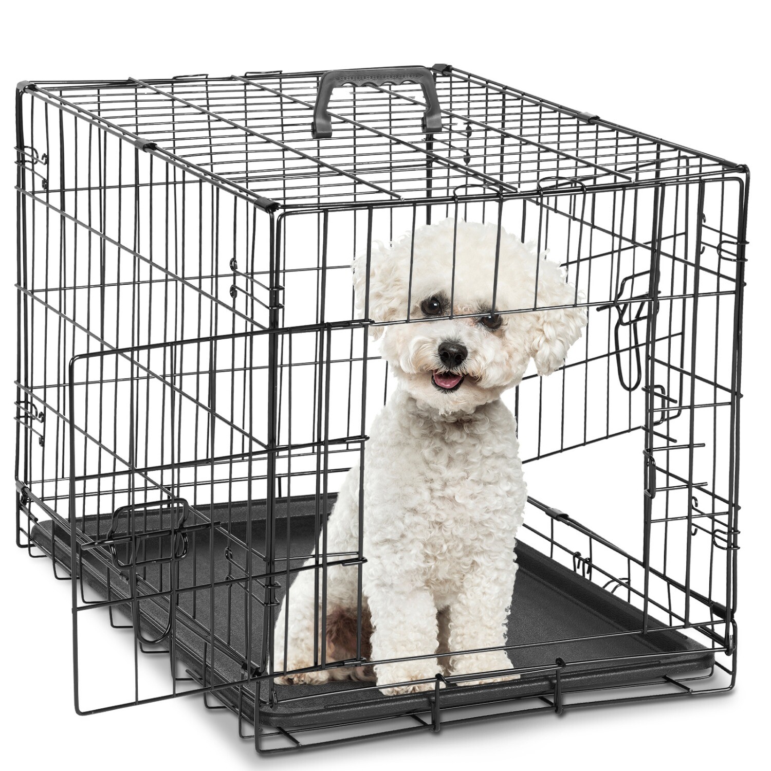 Foldable Metal Wire Dog Crate, Double Door,with Divider Panel & Plastic Pan Tray