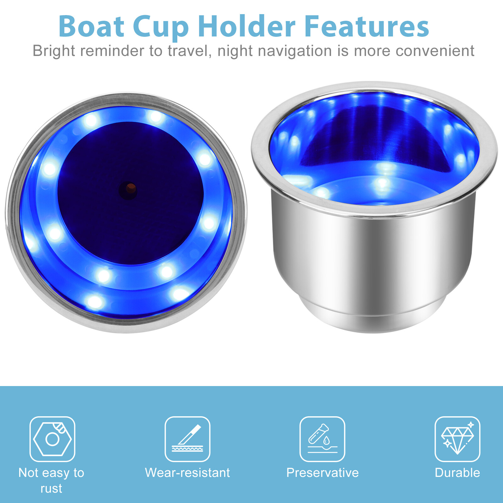 2X Stainless Steel Cup Drink Holder Blue 8 LED Insert for Marine Boat Truck RV