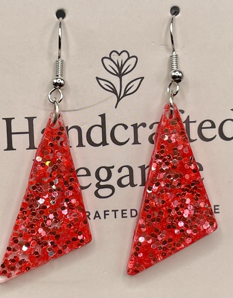 Handmade Resin Earrings, Triangle Shape, Dangle, Red Glitter