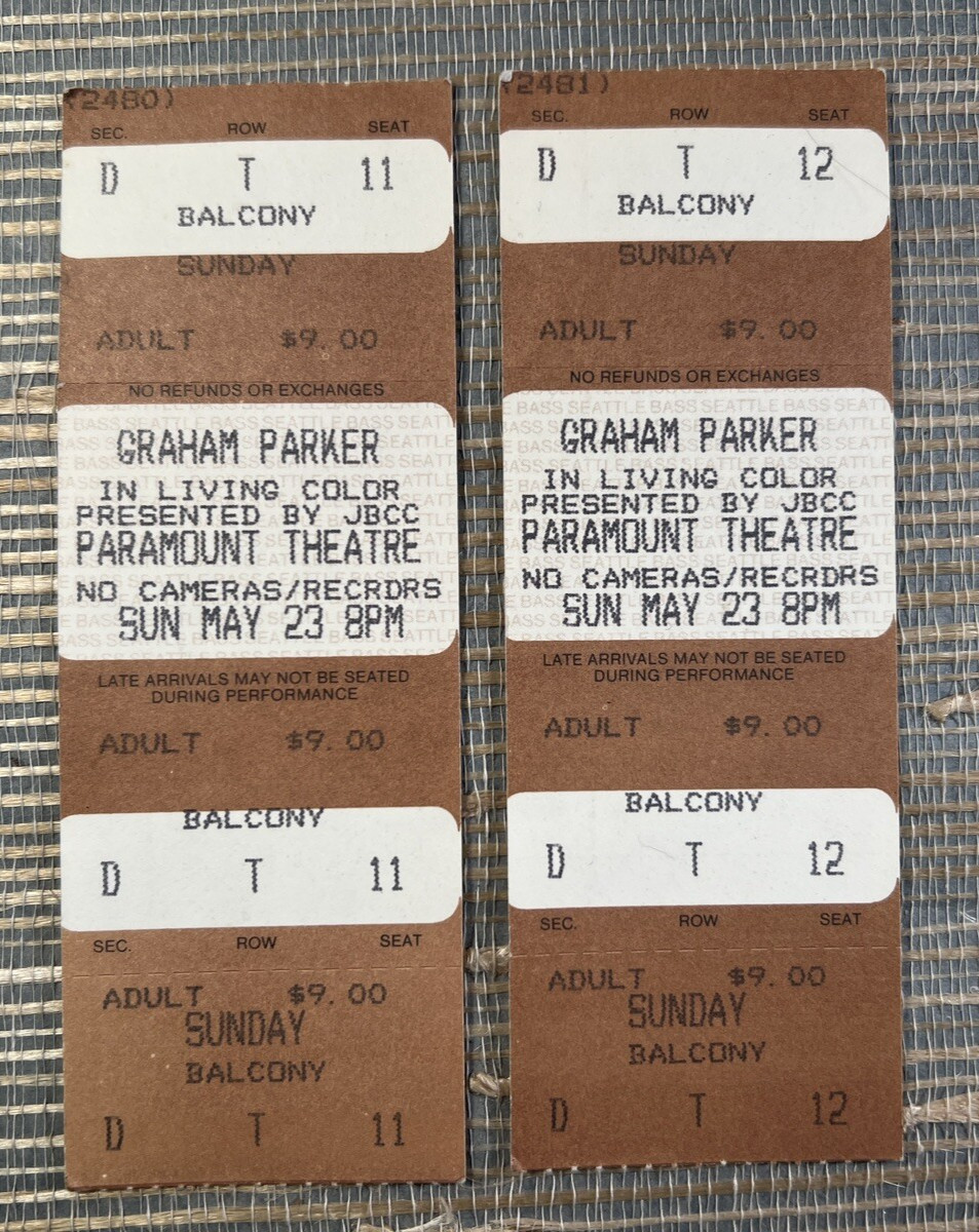 Pair of Graham Parker Unused 1982 Concert Ticket Portland Oregon Rock