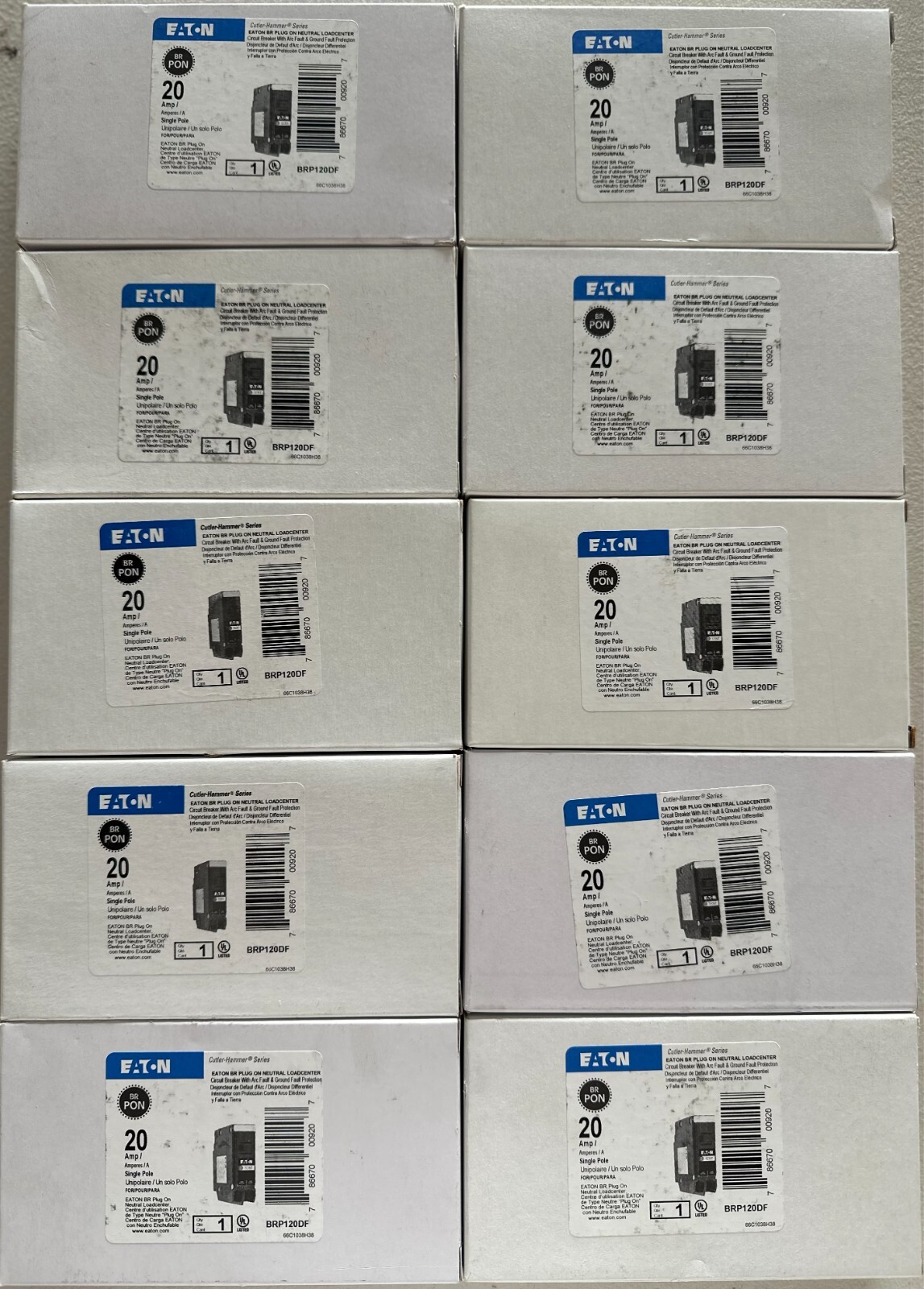 10 PCS Eaton BRP120DF 120 20A 1-Pole Circuit Breakers
