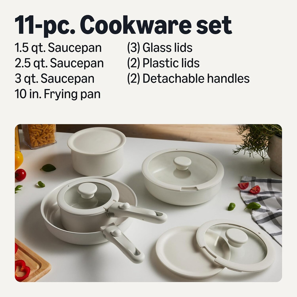 Ceramic Nonstick Pots and Pans Set with Detachable Handle, 11-Piece Stackable Se
