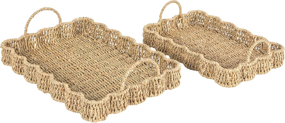 Woven Seagrass Scalloped Rectangular Trays, Set of 2, Natural