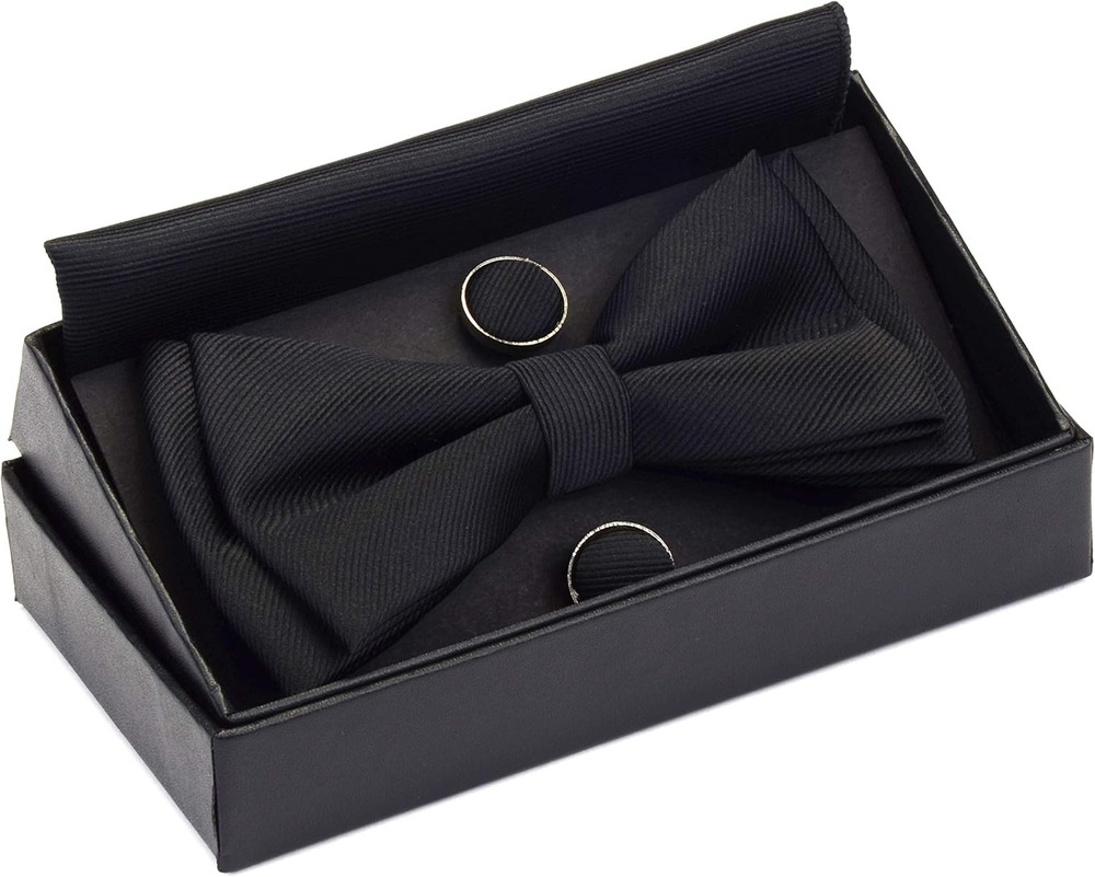 Mens Solid Color Two Layer Pre-Tied Bow Tie and Pocket Square Cufflink Set with