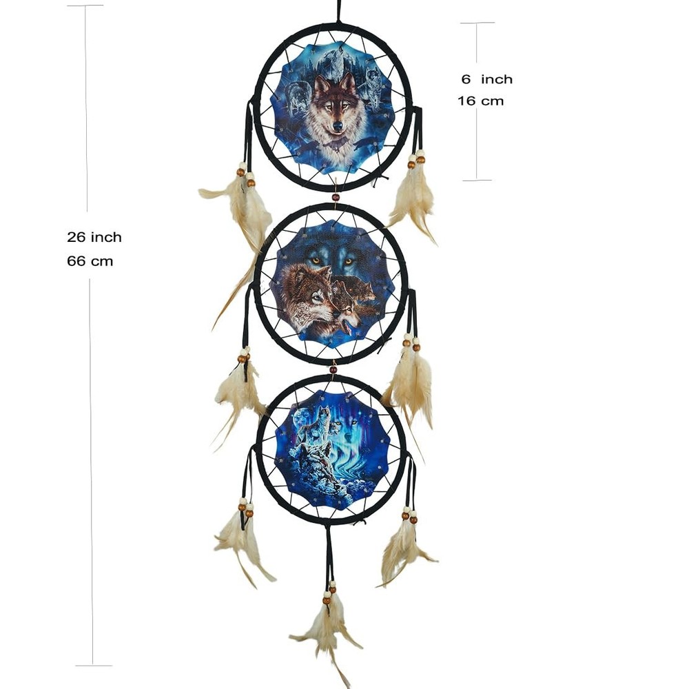 Wolf Dream Catchers，3-Layer Circle Wall Hanging with Different Wolf Art for