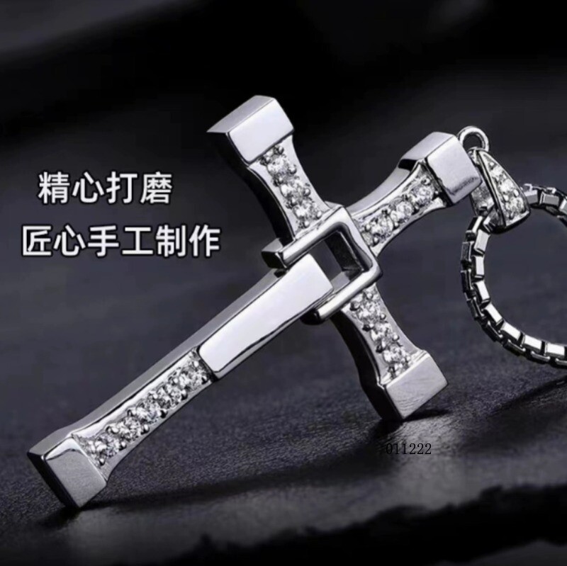 Men's Pure Silver Necklace Vin Diesel Cross Hip-hop Men's Pendant Necklace Gift