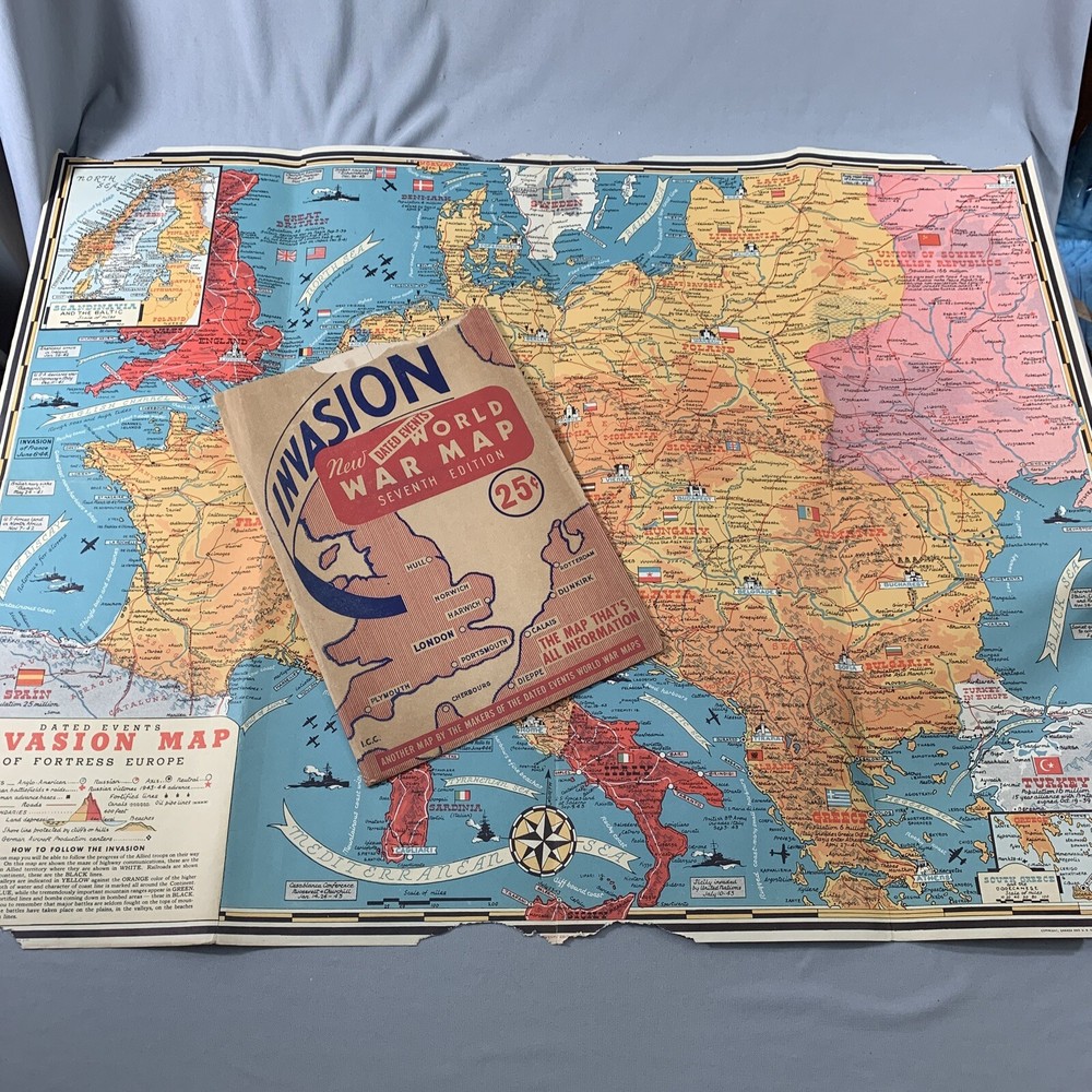 Vtg WWII War Map Invasion Dated Events
