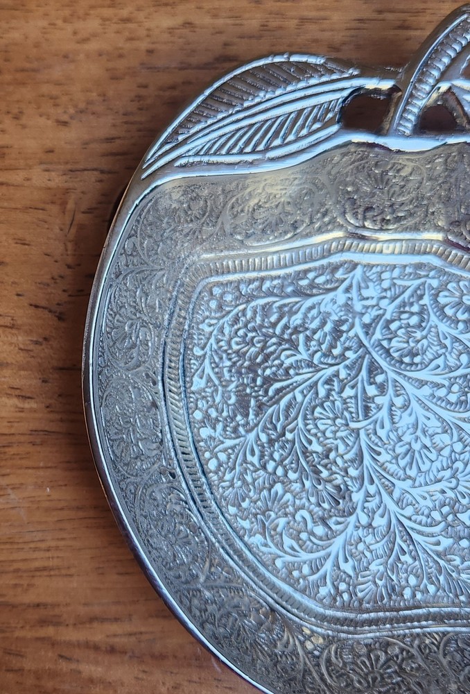 Intricate Silver Plated? Metal Apple Shaped Candy Trinket Dish Engraved 5.25" L
