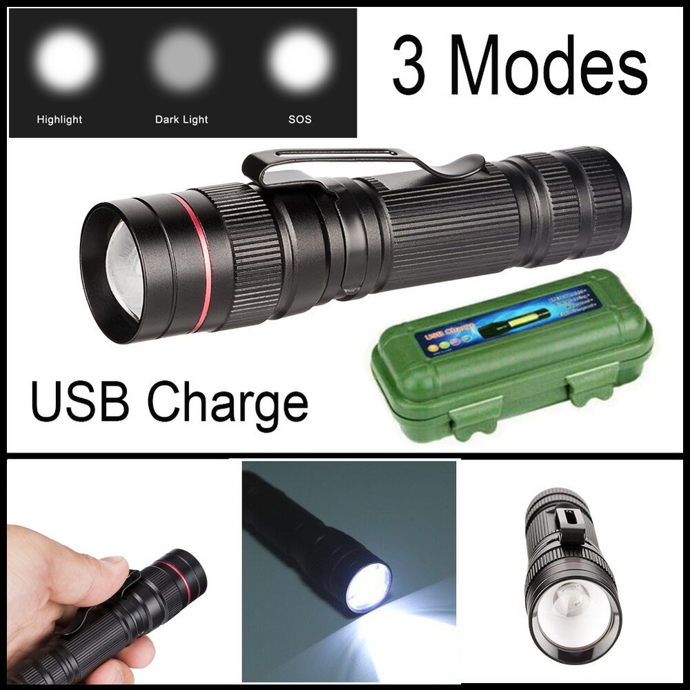 2Pack Rechargeable Mini Flashlight 3 Modes Zoomable Outdoor Torch with Cable