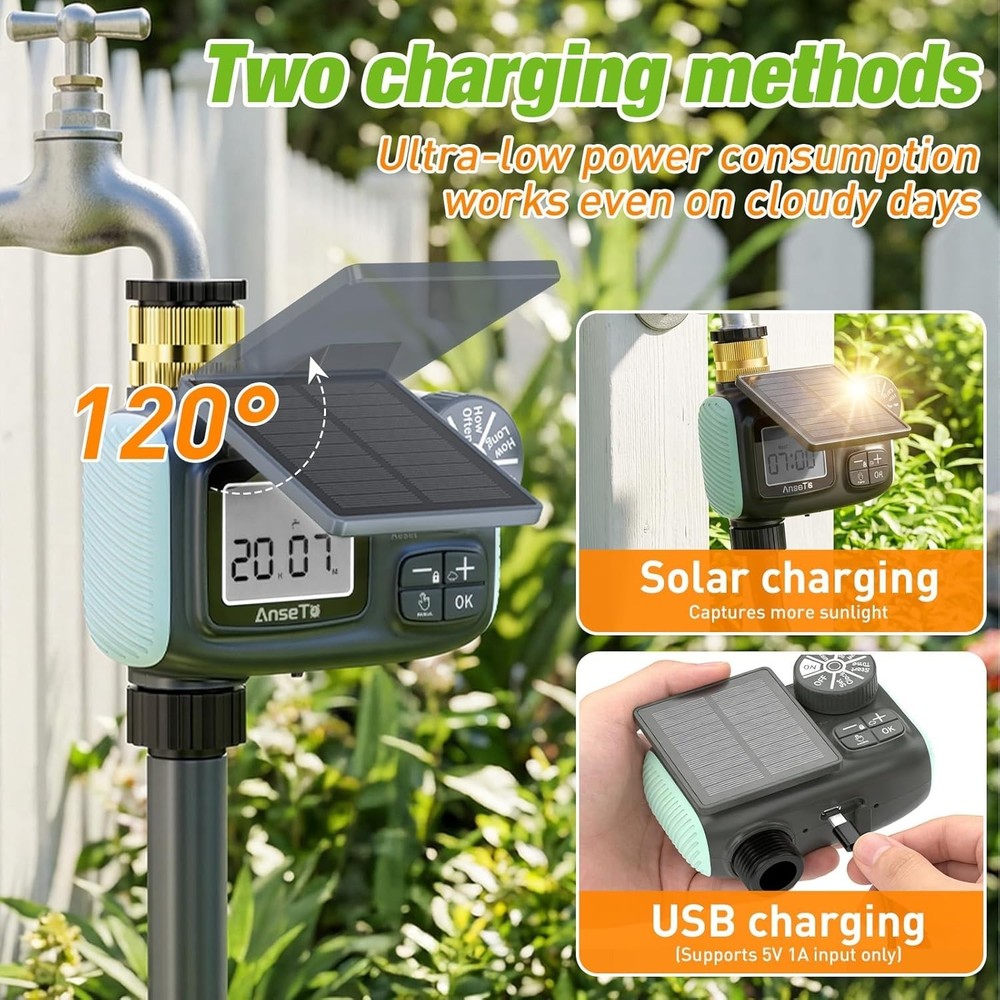 Rechargeable Solar Sprinkler Timer with Rain Delay - Efficient Garden Irrigation