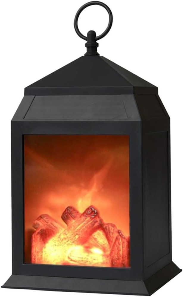 Black Tabletop Fireplace Lantern, Realistic Flame, Timer, USB/Battery, Indoor...