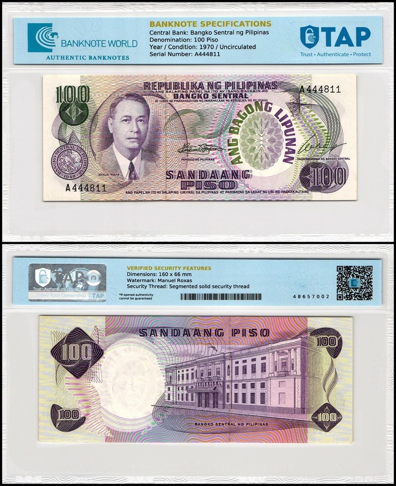 Philippines 100 Piso, 1970 ND, P-157a, UNC, TAP Authenticated