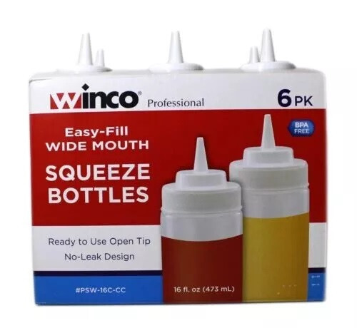 Winco 6-Piece Wide Mouth Squeeze Bottles, 16 Ounce, Clear Plastic construction
