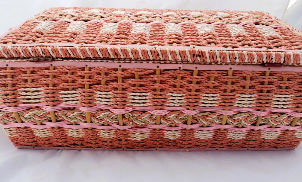 Vintage Pink Woven Wicker Sewing Basket