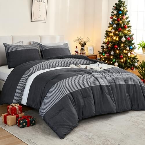 Comforter Set, Lightweight Colorblock Stripes Bedding Comforter Full Black