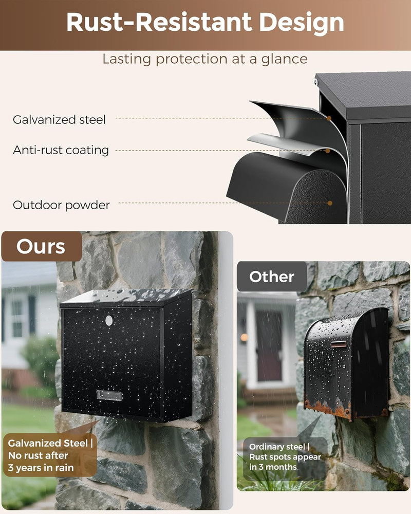 Locking Wall-Mount Mailbox for Outside, with 4 Keys, Galvanized Steel Rustproof