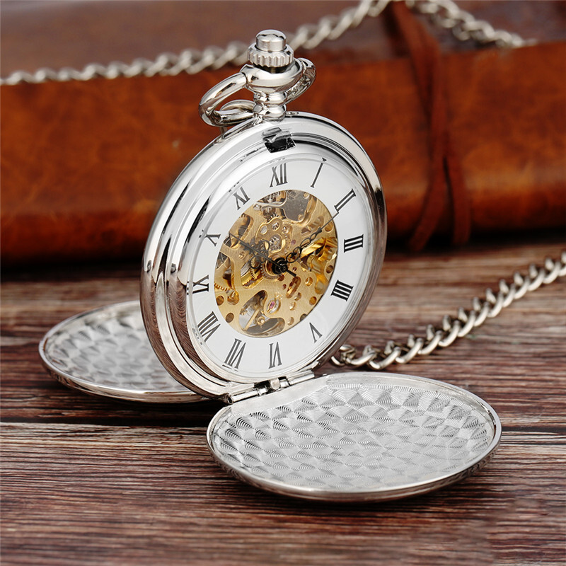 Silver Smooth Mechanical Double Hunter Skeleton Pocket Watch Mens Womens Gifts