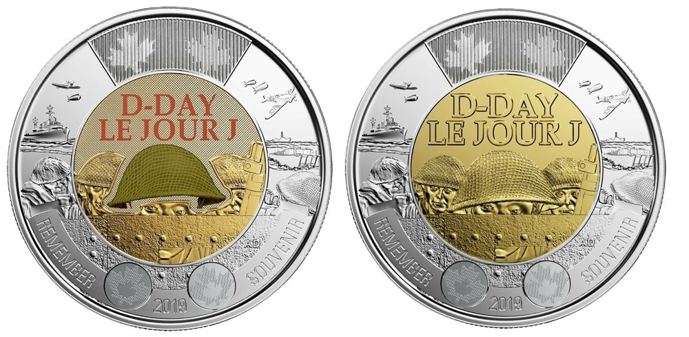 Canada 2019 D-Day BU UNC Colourized & Plain Toonie Set!!