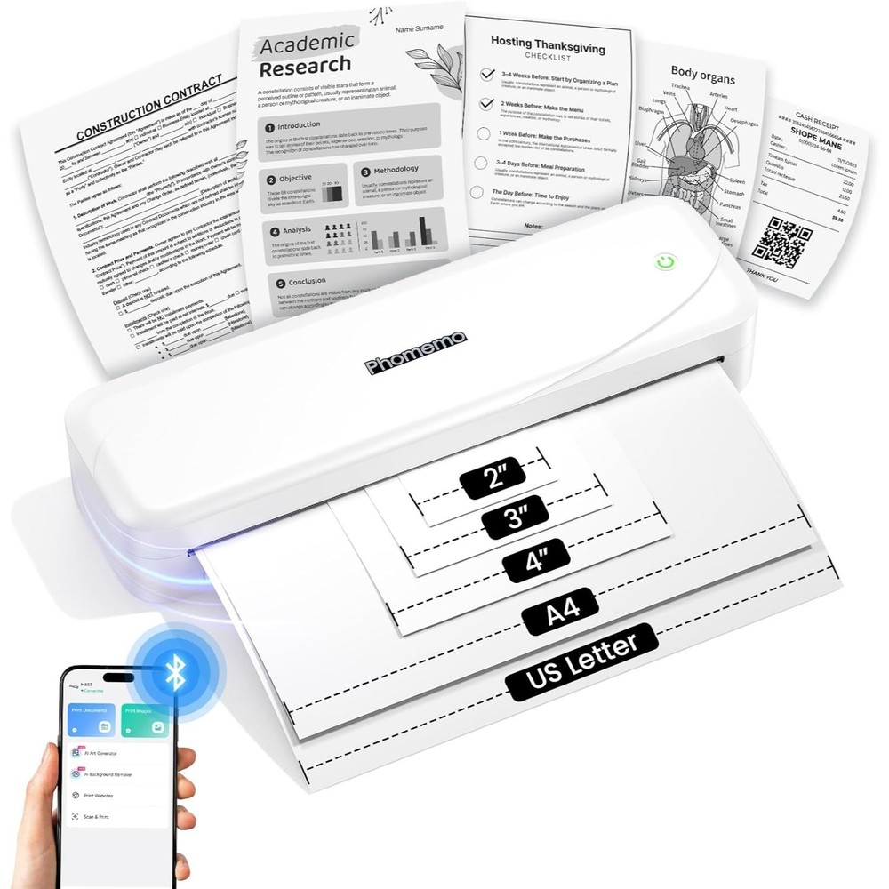 Portable Wireless Bluetooth Thermal Printer, 300DPI Inkless Travel Printer