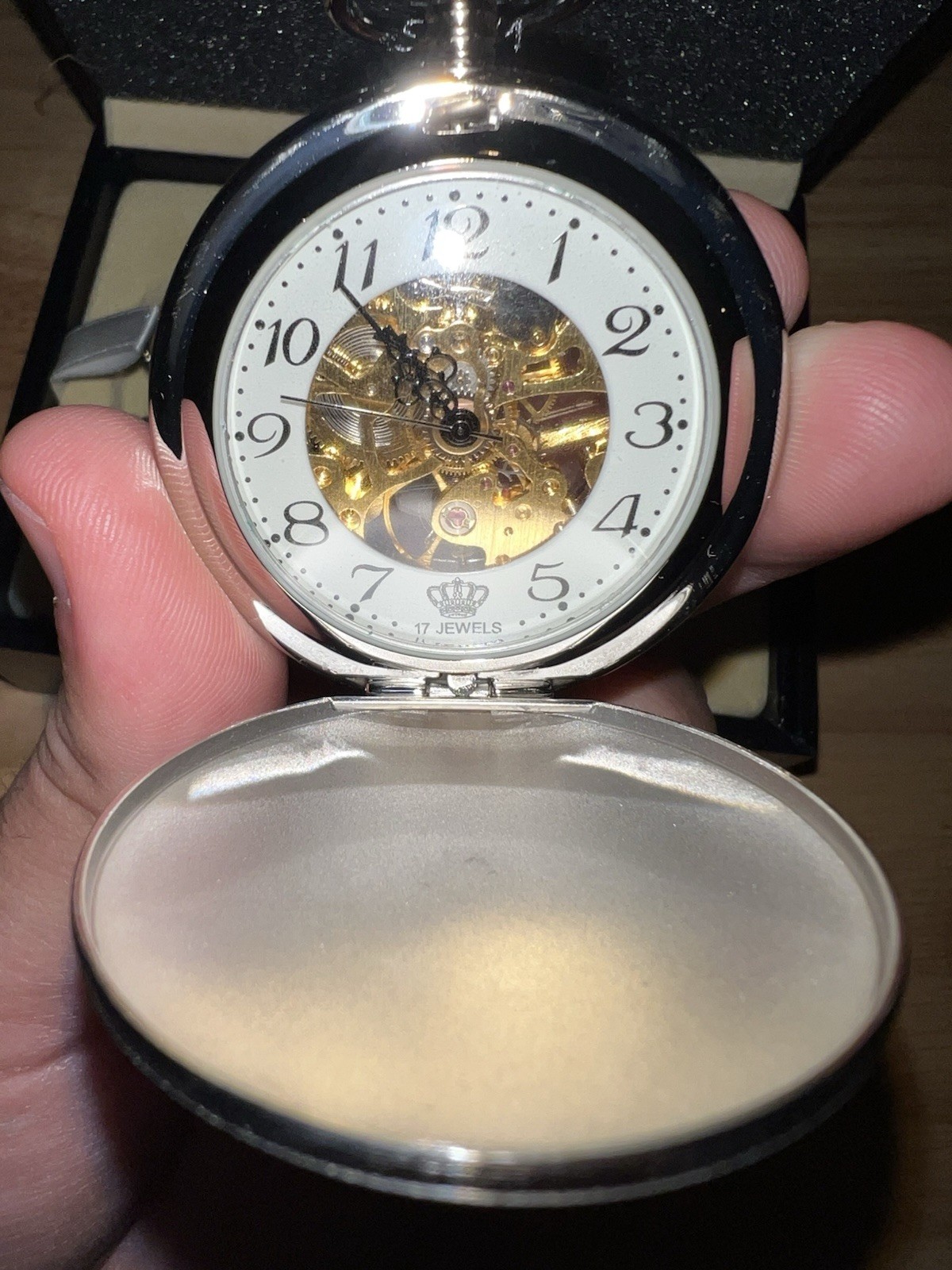 Devonshire 17 Jewel Mechanical Pocket Watch Skeleton Dial New in Box w/ Chain
