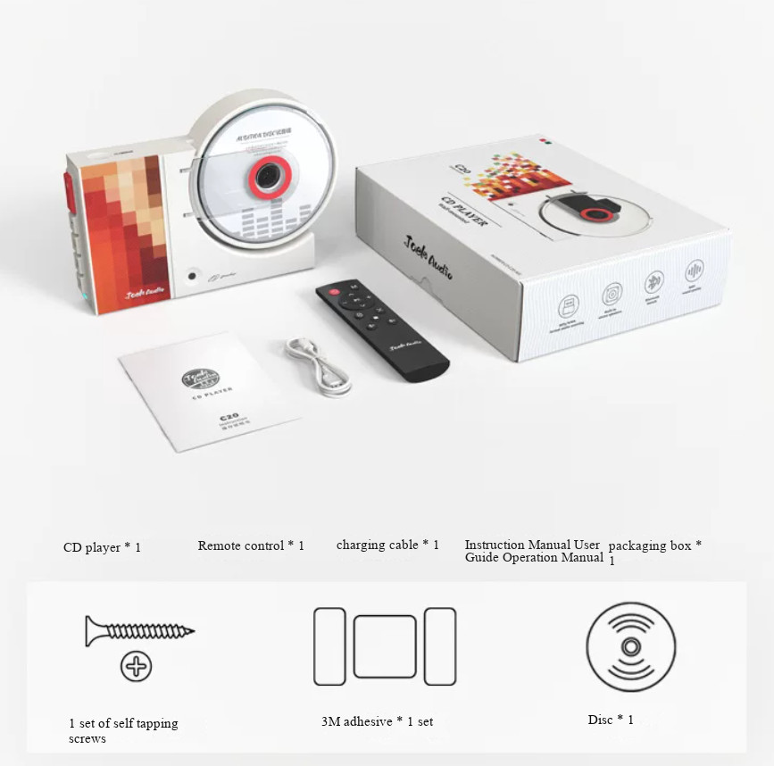 Bluetooth CD Player Retro Wall Mounted with Remote Control for Home Audio Red